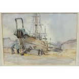 •Ernestine Symes-Saunders CABLE SHIP IN MILLBAY DOCKS Watercolour, signed, titled and dated 1960