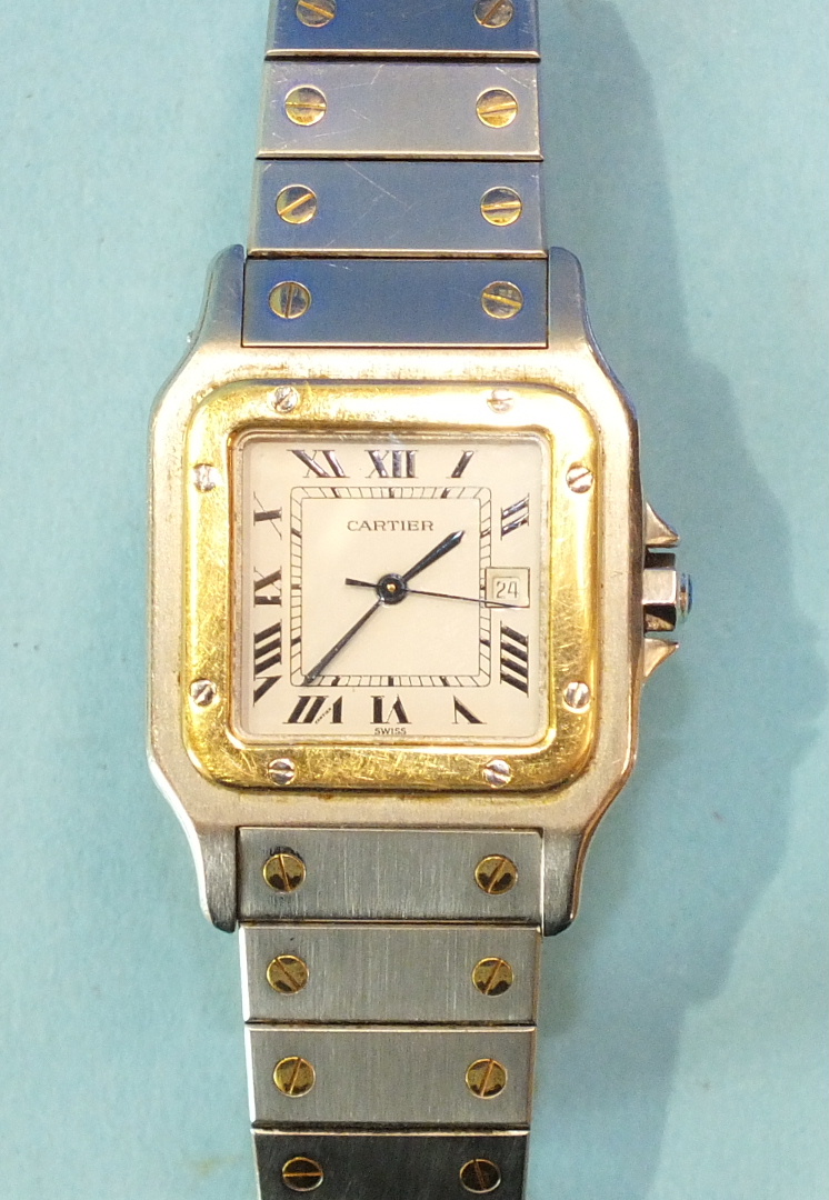 Cartier, a gentleman's Cartier Santos 18ct yellow gold and steel bi-metal wrist watch, the square