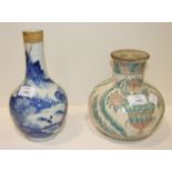 A 19th century Chinese blue and white bottle vase, (damages), 24cm and another, both converted to