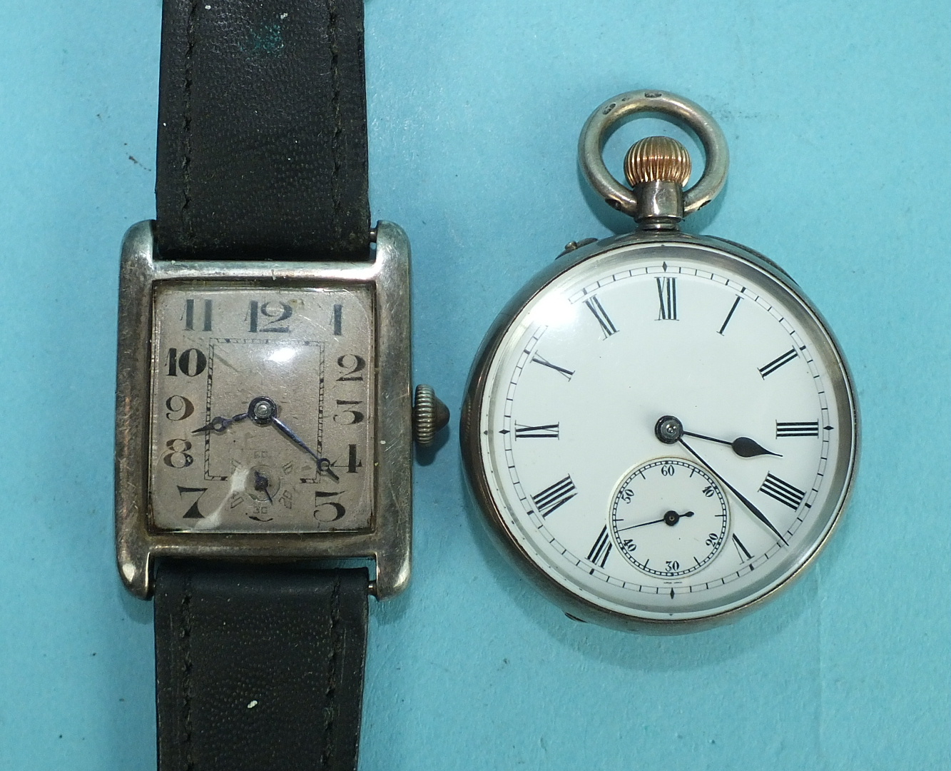 A gentleman's vintage silver-cased wrist watch c1930, the rectangular silvered face with Arabic