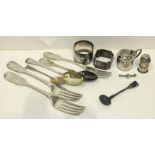 Two 19th century silver table forks, two silver napkin rings and other small silver, weighable