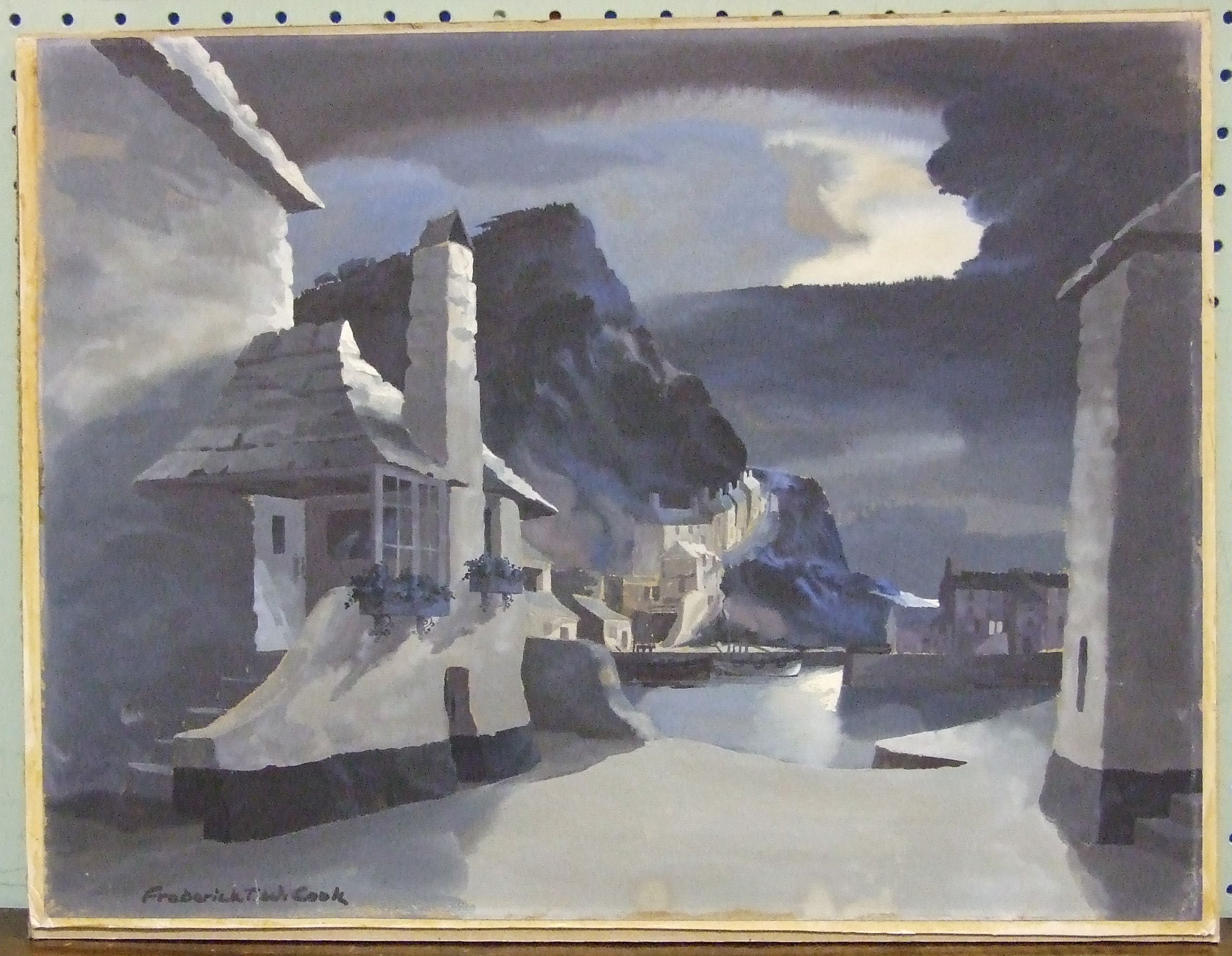 •Frederick J W Cook POLPERRO BY MOONLIGHT Signed watercolour, heightened in white, inscribed