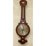 A rosewood banjo barometer, having mercurial column action and thermometer, the silvered dial marked
