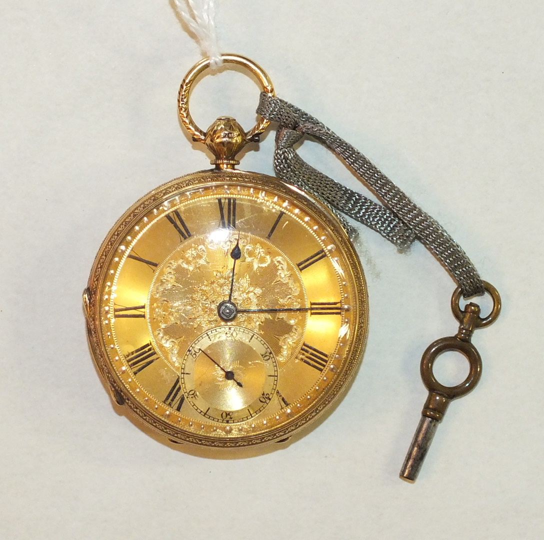 J W Benson, an 18ct-gold-cased open-face fusée pocket watch, the engine-turned and floral-engraved