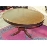 A 19th century mahogany oval tilt-top breakfast table on turned column and hipped sabre legs with