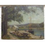 19th century Continental School A TWO-MASTED VESSEL MOORED AT A RIVER QUAY Unsigned oil on canvas,