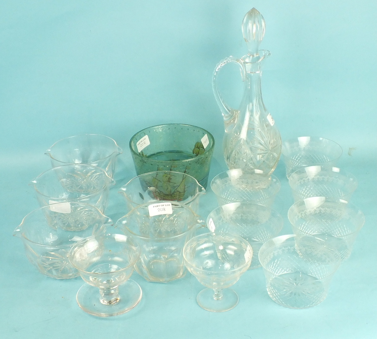 Four cut-glass finger bowls, 16cm diameter, a cut-glass wine jug and stopper and other glassware.