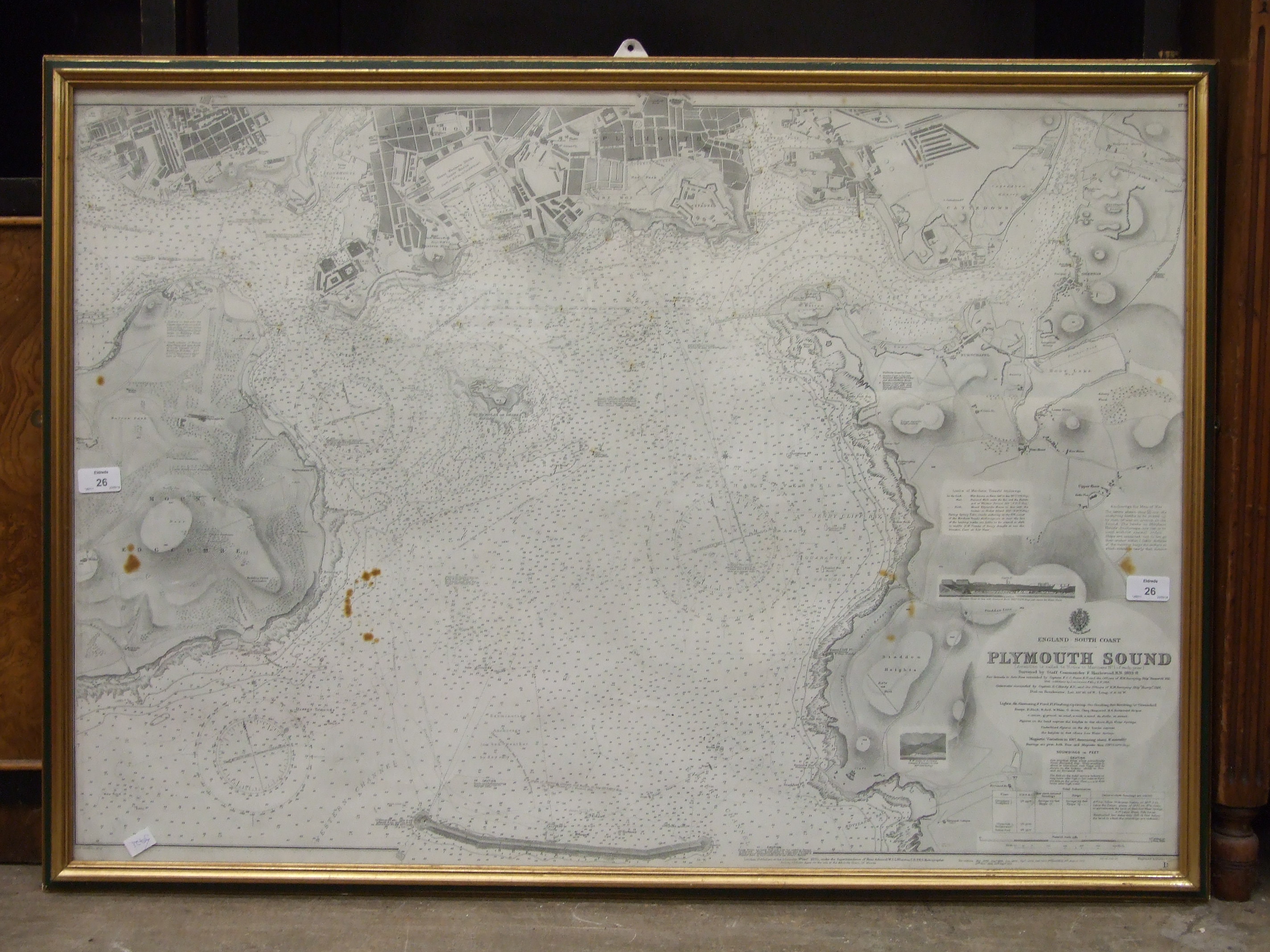 A framed Hydrographic Office Admiralty Chart 'England - South Coast Plymouth Sound', 69 x 98cm, (a/