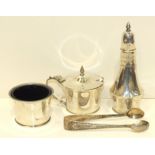 A modern silver three-piece cruet set with blue glass liners by Charles S Green & Co, ___6oz and a