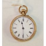A Continental 18ct-gold-cased open-face keyless pocket watch, the white enamel dial with Roman
