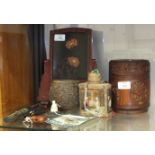 A carved Chinese bamboo box and cover, a similar coconut box with ivory finial, a tea caddy, a