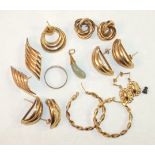 Four pairs of 9ct gold earrings, two unmarked pairs of earrings, a 9ct gold ring and other items,