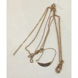 Three 9ct gold neck chains and another necklace with name plaque "Helen", 15.9g, (4).