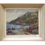 •Ernest Knight (1915-1995) COASTAL SCENE WITH BUILDING OVERLOOKING A ROCKY SHORE Signed oil on
