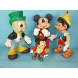 Walt Disney, rubber-jointed toys: Mickey Mouse, 36cm and 19cm, (2), Pinocchio, 39cm and Jiminy