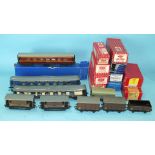 Hornby Dublo, D3 Corridor Coach LMS 1st/3rd, boxed, nine boxed and six unboxed Dublo wagons, two