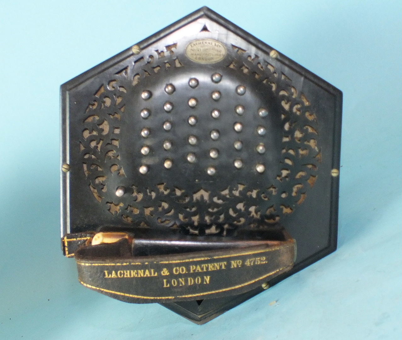 A Lachenal & Co. concertina with pierced ebonised ends, 56 chrome keys and sevenfold bellows, - Image 4 of 5