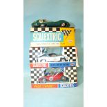 Scalextric, three slot cars: Lister Jaguar E1 with lights, C74 Austin Healey C1 Alpine Renault and