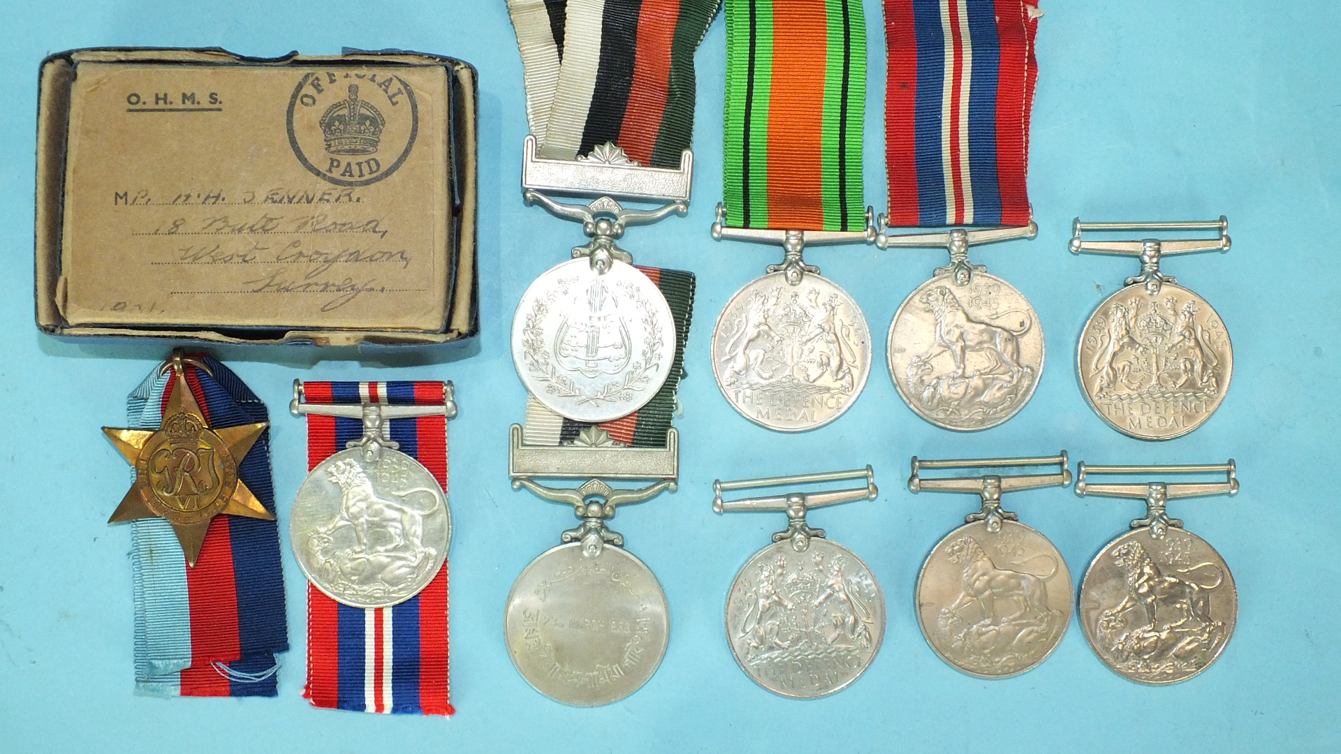 Two WWII medals awarded to 6144162 H H Jenner: War Medal and 1939-45 Star in OHMS box, also two