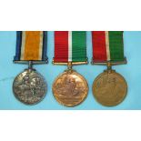Two WWI medals awarded to Tom Hicks: Mercantile Marine War and British War Medals, and a