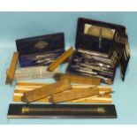 Two part-sets of drawing instruments in leather cases and loose, a 16cm boxwood triangular shape