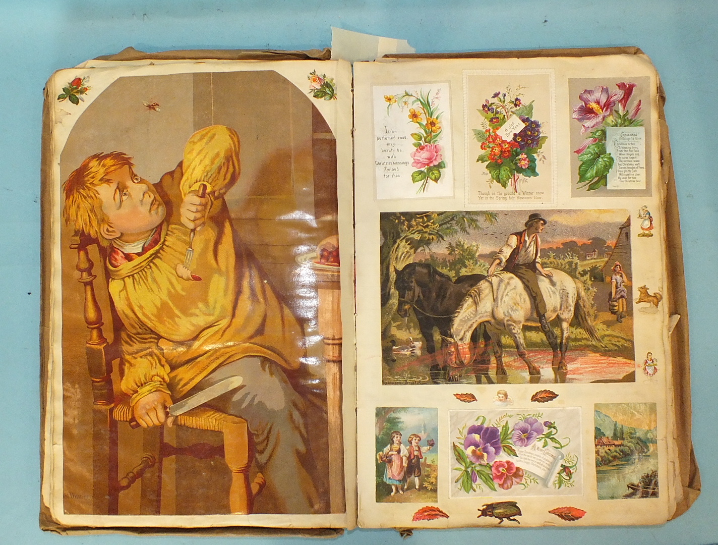 A Victorian album full of scraps, chromo-lithographs, a few photos of ships and greetings cards, - Image 5 of 5