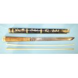 A Japanese metal-mounted shagreen-covered trousse containing bone chopsticks and knife (a/f), 30.5cm