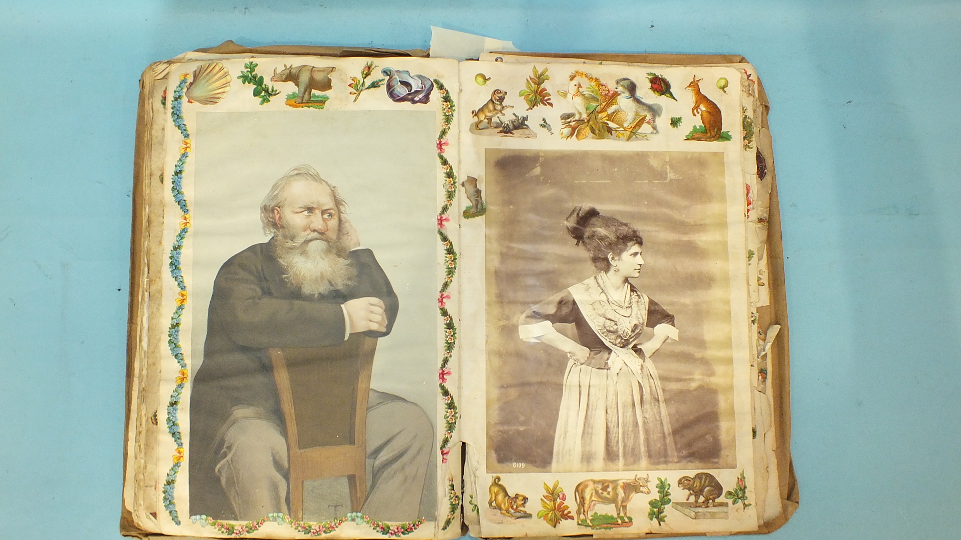 A Victorian album full of scraps, chromo-lithographs, a few photos of ships and greetings cards, - Image 3 of 5