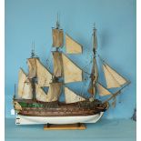 A large kit-built model of a ship of the line man o'war, with three masts, square-rigged with a