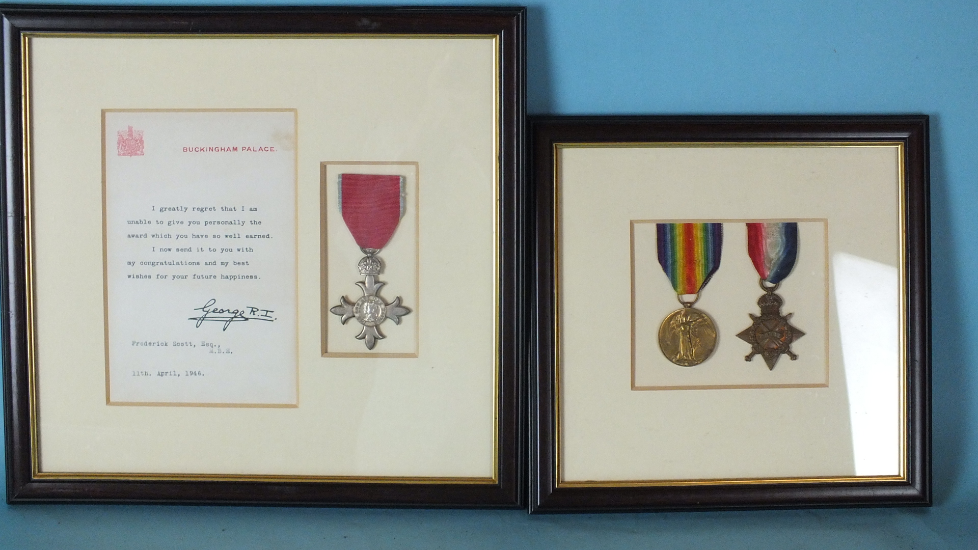 An MBE group awarded to Frederick Scott: 1914-15 Star and Victory medal (777 Sgt F Scott RA), framed - Image 3 of 3