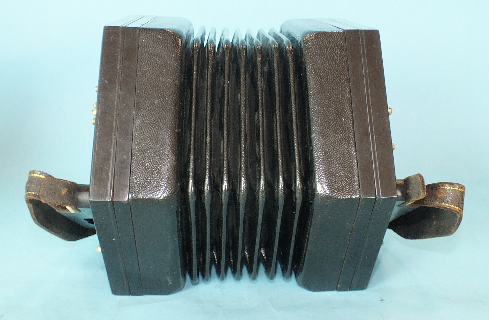 A Lachenal & Co. concertina with pierced ebonised ends, 56 chrome keys and sevenfold bellows, - Image 3 of 5