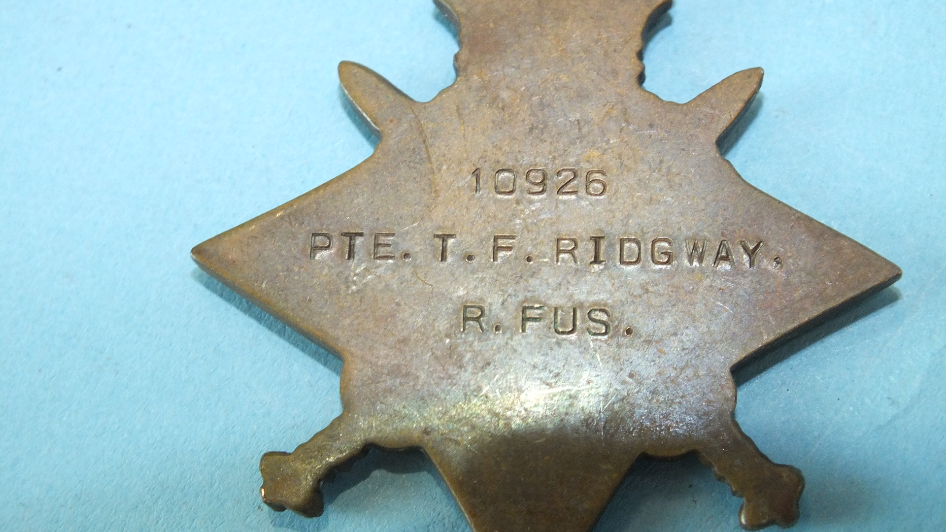 A WWI trio awarded to GS-10926 Pte T F Ridgeway R Fus: 1914-15 Star and British War and Victory - Image 3 of 3