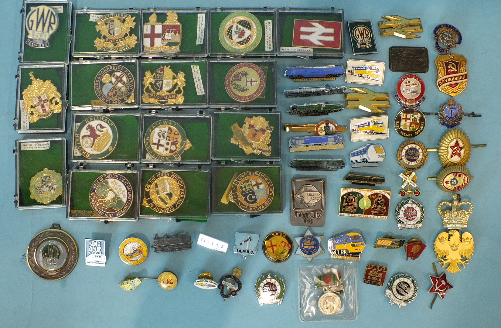 A collection of mainly railway commemorative and ASLE&F badges and six Russian military badges.