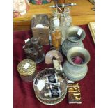 A plated bottle coaster, a silver-mounted clothes brush, a pair of opera glasses and other items.