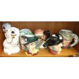 Four Royal Doulton character jugs, including 'Pied Piper' D6403 and other ceramics.