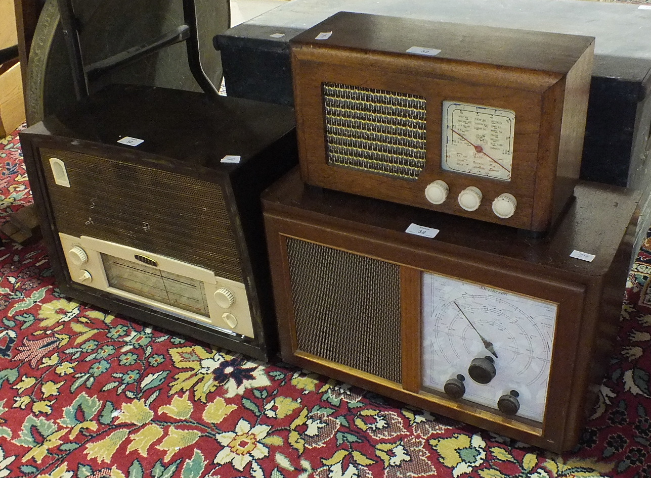 Three vintage mains radios: a Beethoven A415, a Radio Rentals/Baird model 218 Bakelite radio and a