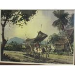 A B Ibrahim, an Eastern scene of two oxen pulling a cart through a village, signed watercolour on