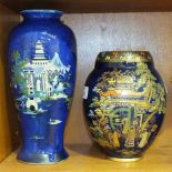 A Wiltshaw & Robinson Carltonware baluster shape vase decorated with pagodas and figures on a blue