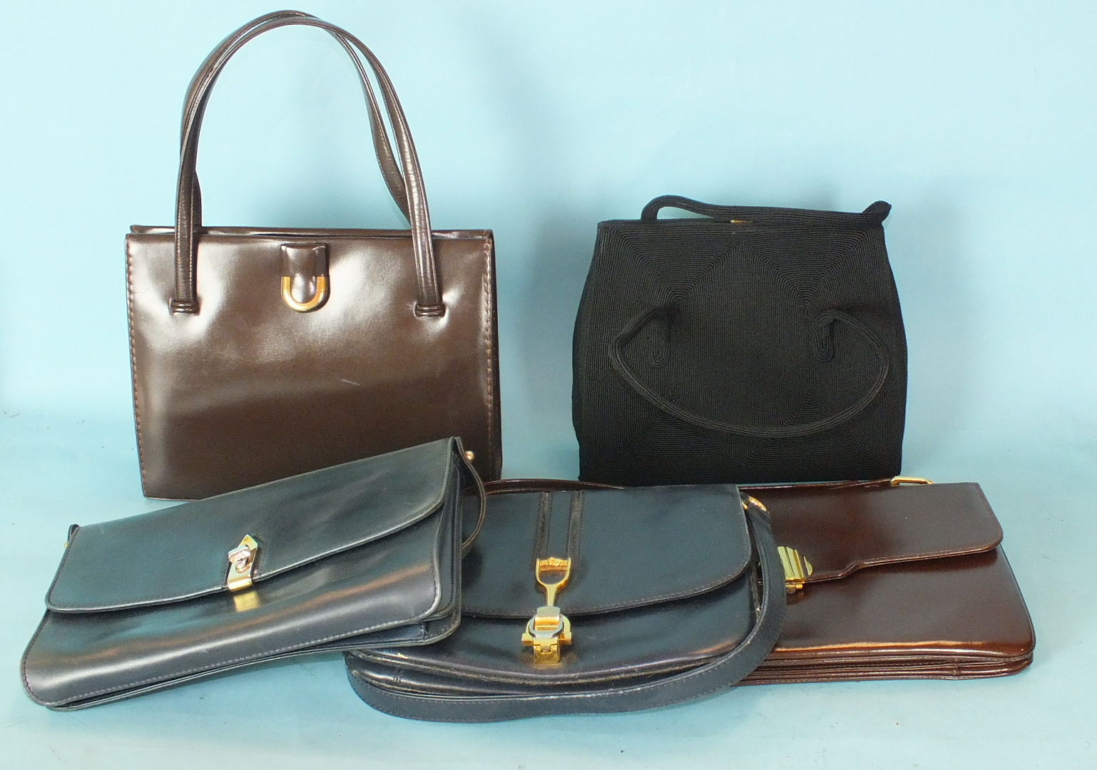 A vintage black 'Cordé' handbag, two 'Waldybag' handbags and two other handbags, (5).