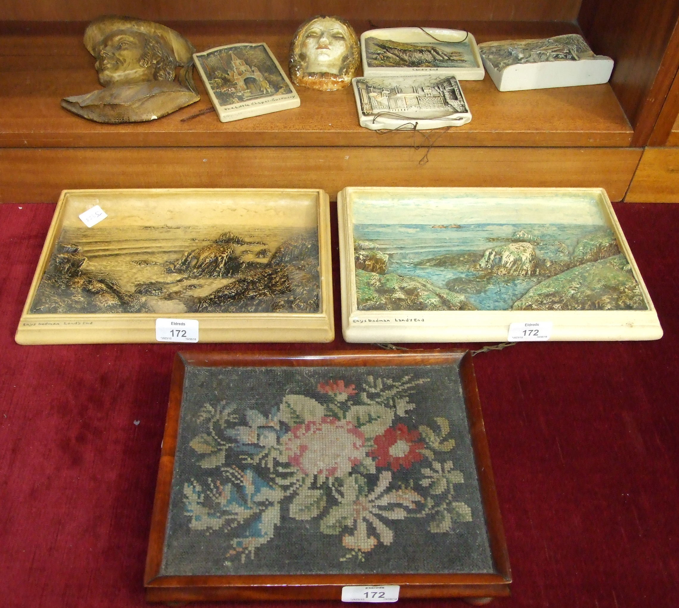 Six Osborne plaques of 'Land's End', 'Burn's Cottage', 'Irish Transport', 'Little Chapel at