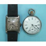 A gentleman's vintage silver-cased wrist watch c1930, the rectangular silvered face with Arabic