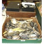 A part-canteen of French plated cutlery in wooden box and a quantity of loose plated cutlery.