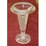 A large cut-glass trumpet shape vase with ribbed and hobnail decoration, on shaped circular base,