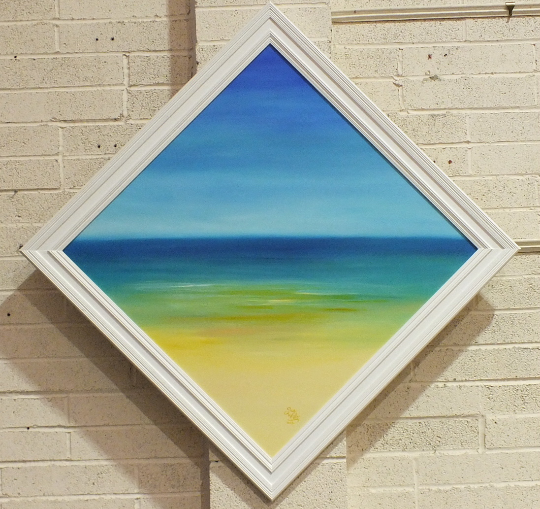 Sue Wills (b.1962), 'Beach, sea and sky', a signed oil on canvas, dated 2004, in diamond shape