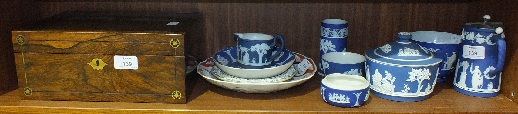 Nine pieces of Wedgwood blue and white jasperware, an Imari plate and a rosewood work box, (a/f).