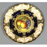 A Royal Worcester blue, blush and gilt plate, the centre painted with apples and grapes, signed 'R