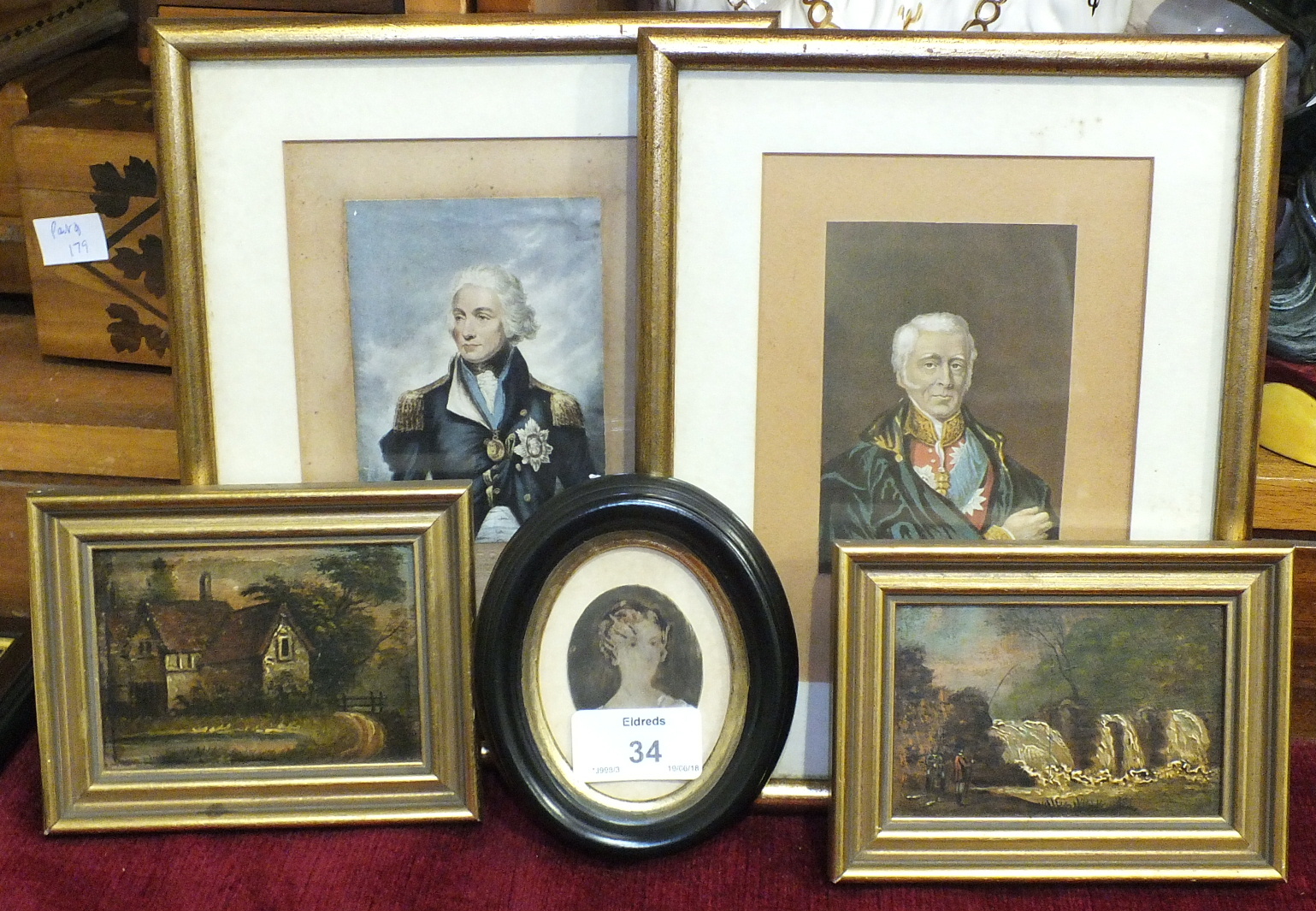 Two Baxter prints, 'Duke of Wellington' and 'Lord Nelson', two miniature oil paintings of a