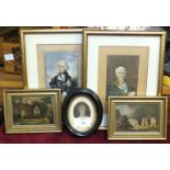Two Baxter prints, 'Duke of Wellington' and 'Lord Nelson', two miniature oil paintings of a