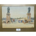 W, 'Numerous Eastern figures on a bridge, possibly Ismail Bridge, Cairo', initialled watercolour, 20