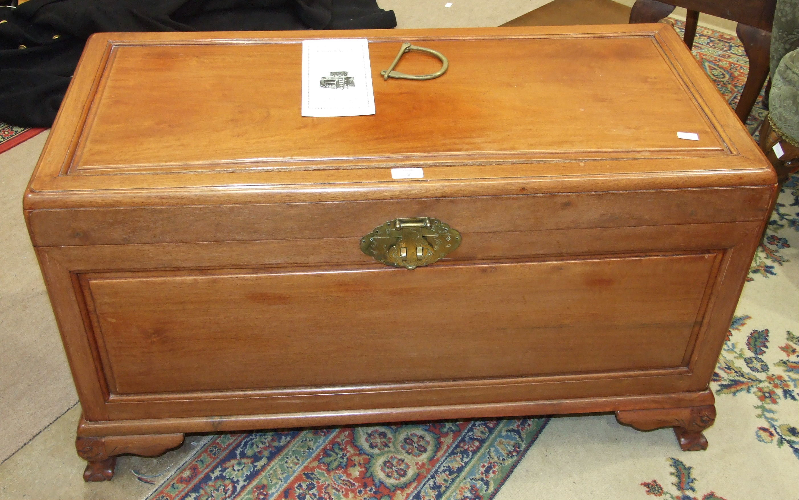 A 20th century Hong Kong camphor-wood-lined hardwood chest on short bracket feet, 93cm wide and an